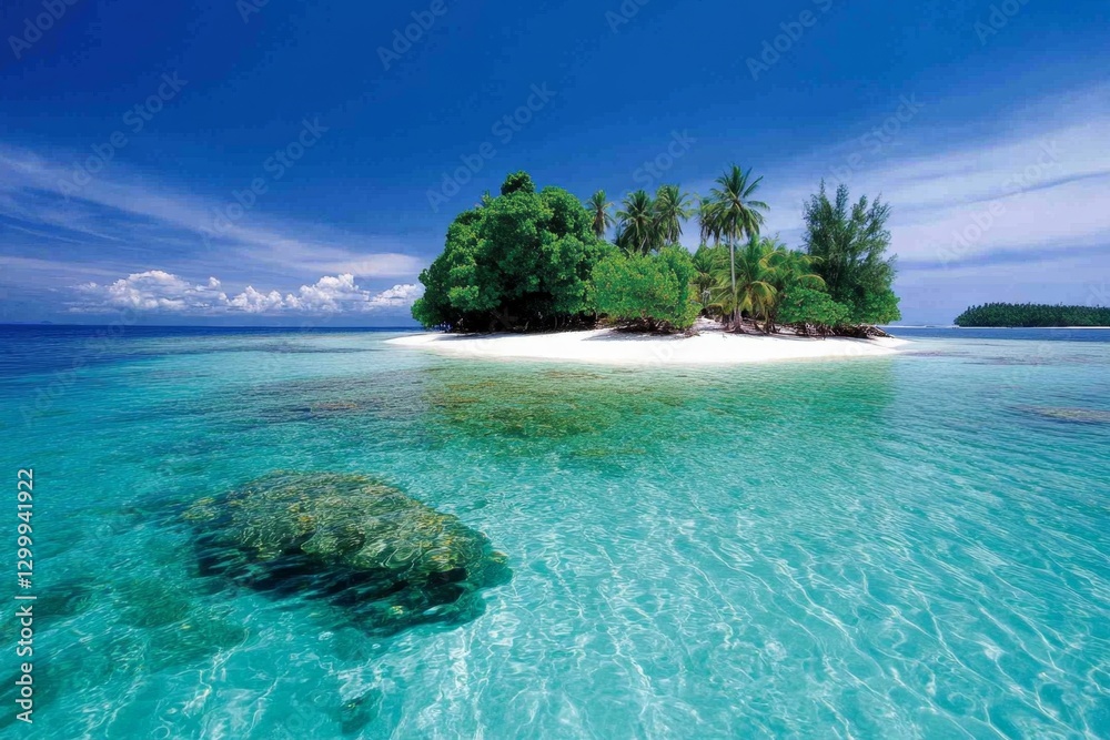 Fototapeta premium A vibrant coral reef surrounding a tiny uninhabited island, teeming with marine life