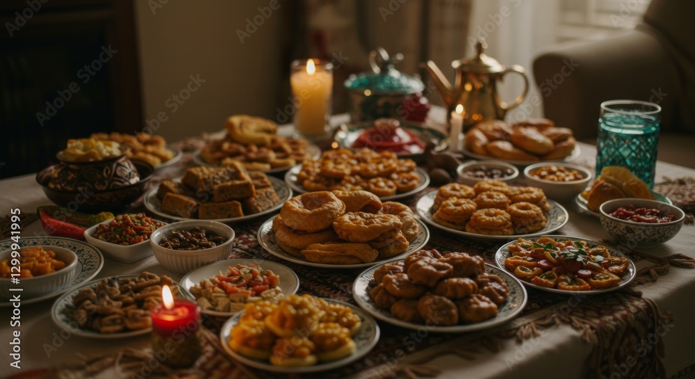 Naklejka premium A Bountiful Moroccan Festive Table: Delicious Treats and Warm Atmosphere