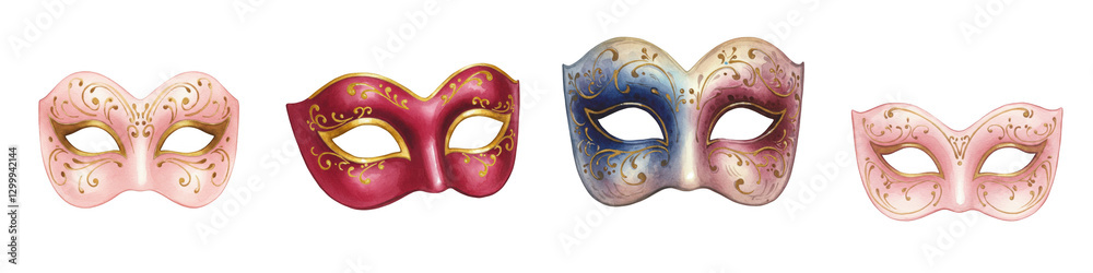 Four Colorful Venetian Masks on Black Background Four Colorful Venetian Masks on Black Background