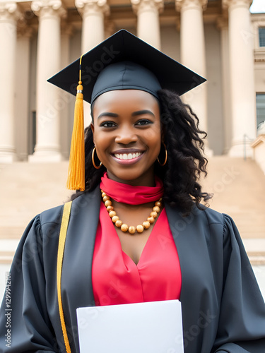 Successful African American graduate juridical specialist standing outdoors against courthouse building with folder in hands. Prosperous female student of high economic university in elegant wear