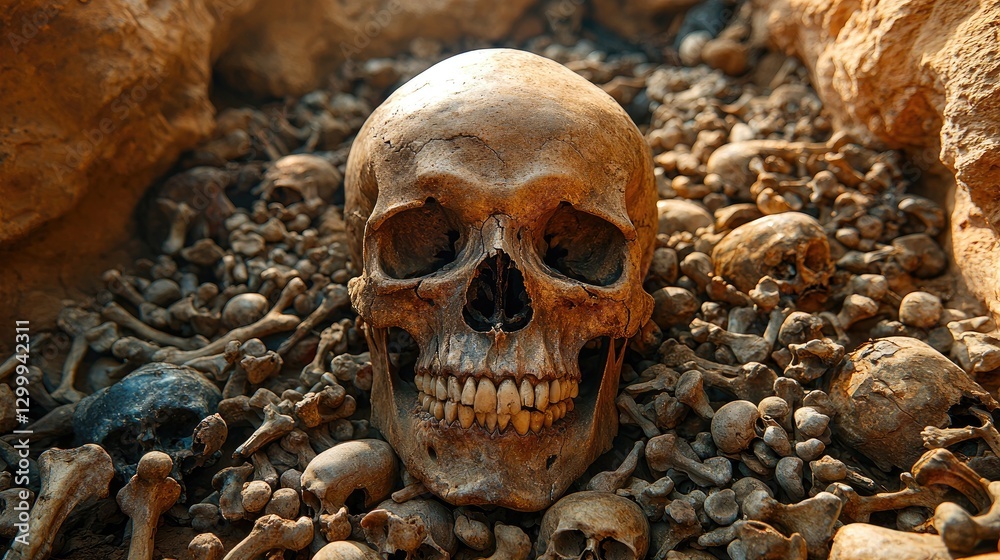 Human skull prominently displayed among numerous skeletal remains in an ancient burial site Human skull prominently displayed among numerous skeletal remains in an ancient burial site