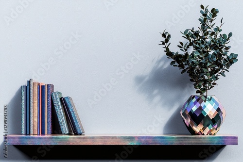 Colorful Home Office Shelf With Books And Plant, Modern Accessories Displaying Focus In Virtual Meeting Space, Inspiring Atmosphere