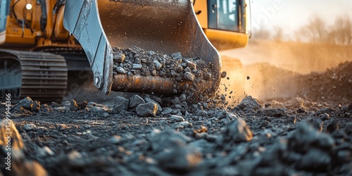 Excavator bucket pouring rocks on construction site at sunset