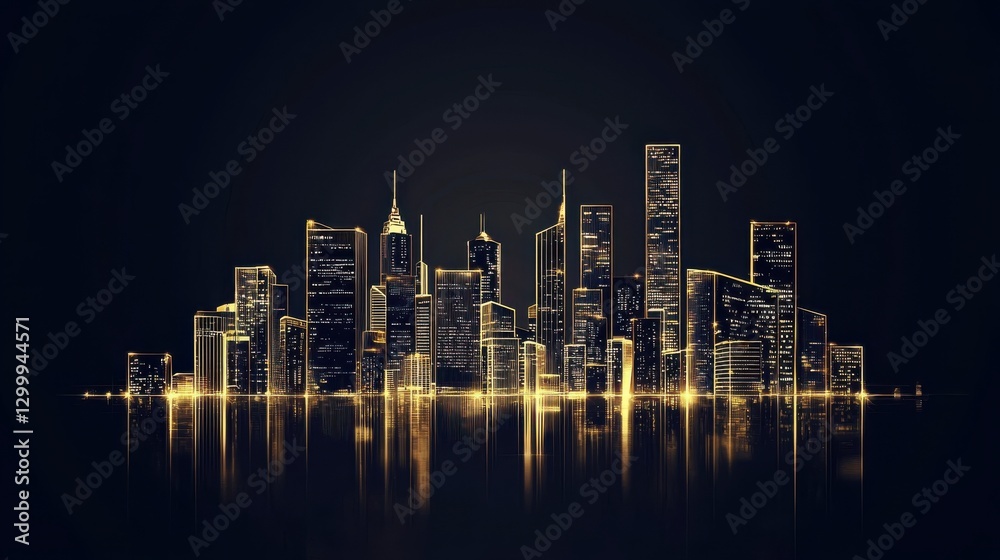 Fototapeta premium An illuminated city skyline at night, showcasing modern architecture and reflecting lights on water, creating a vibrant urban atmosphere.