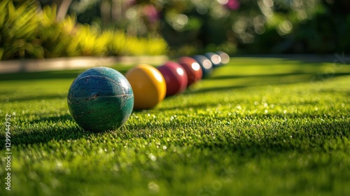 Colorful bocce balls arranged on green grass in a sunny garden, ready for playtime with friends and family, ideal for outdoor leisure activities.
