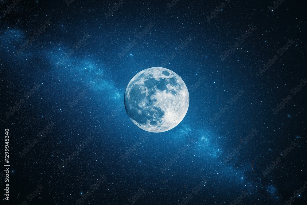 Obraz premium Blue full moon casting magic over the milky way galaxy in a breathtaking night sky scene for astronomy aficionados and celestial photography enthusiasts