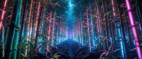 Neon Lights Illuminate a Mystical Bamboo Forest Path at Night Cyberpunk Nature Scene