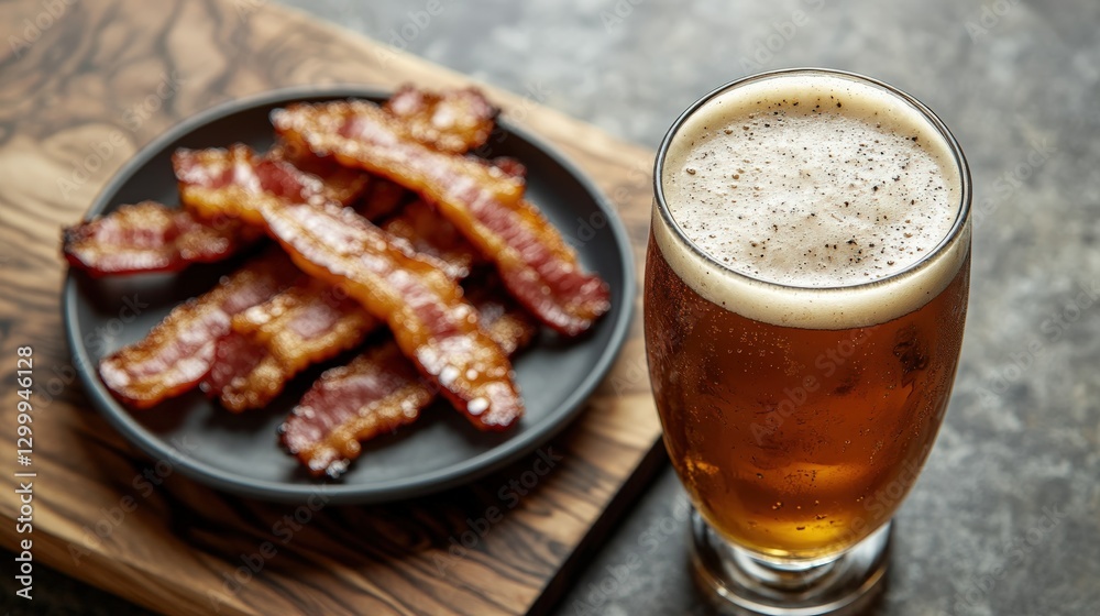 Crafted brown ale paired with crispy maple-glazed bacon on a wooden board Crafted brown ale paired with crispy maple-glazed bacon on a wooden board
