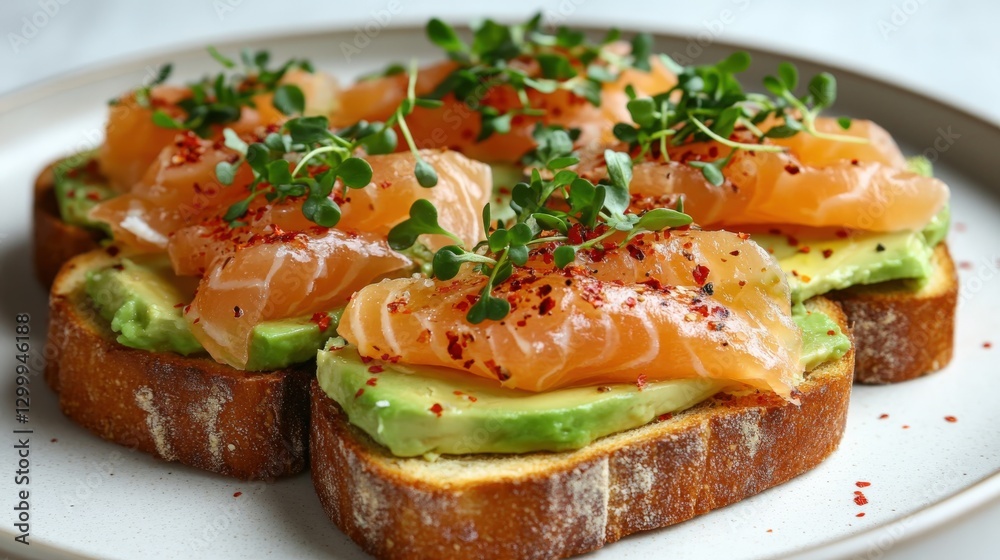 Delicate smoked salmon and avocado toast with microgreens on artisanal bread Delicate smoked salmon and avocado toast with microgreens on artisanal bread