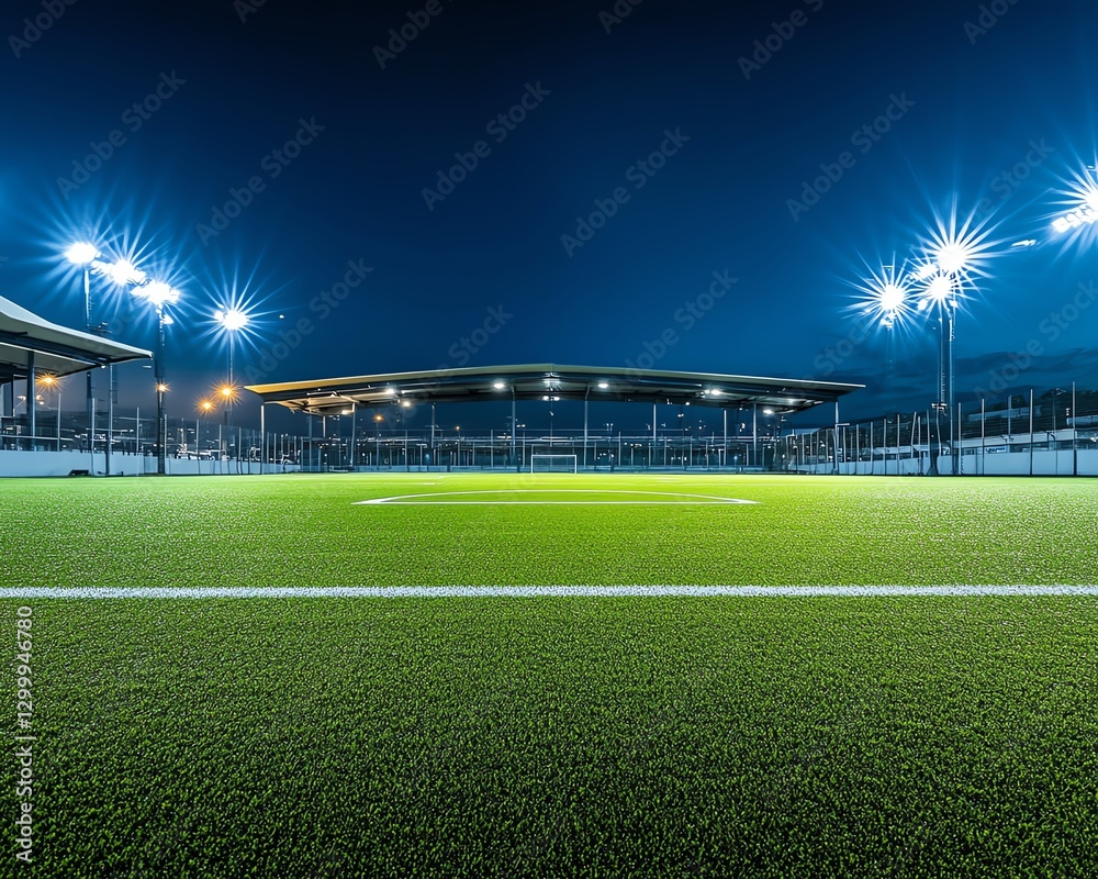 Fototapeta premium Empty football stadium field with powerful overhead lights, illuminated turf, clear night sky, highresolution details, vibrant lighting effects