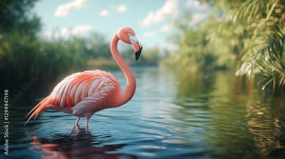Fototapeta premium A graceful flamingo stands elegantly in a serene water landscape, surrounded by lush greenery and soft reflections.