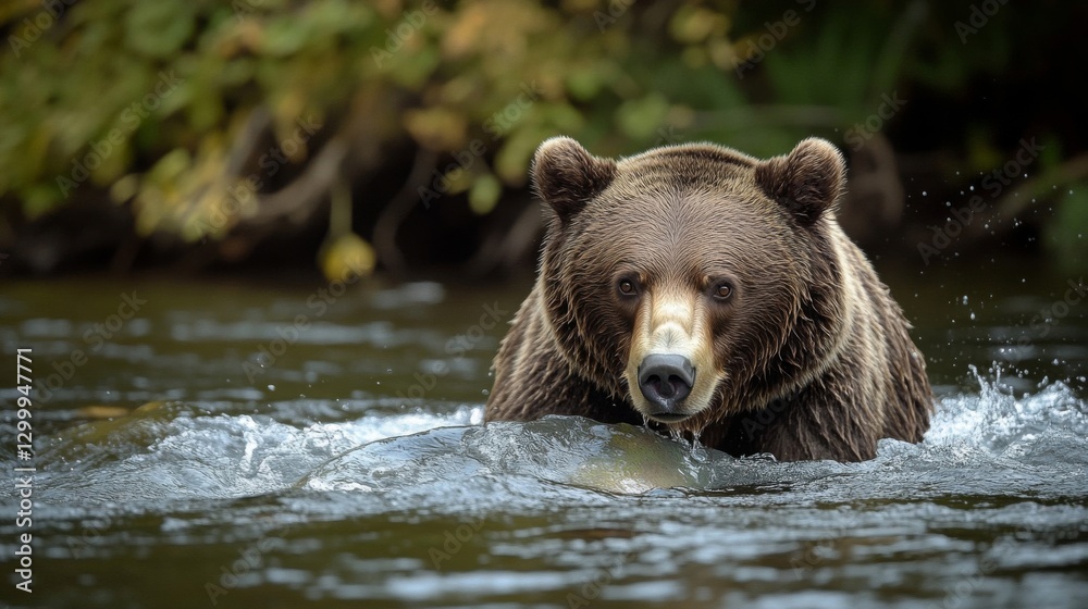 A powerful bear swimming gracefully through a serene river, showcasing its strength and beauty in a natural environment. A powerful bear swimming gracefully through a serene river, showcasing its strength and beauty in a natural environment.
