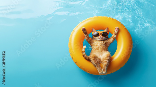 Relaxing orange cat wearing sunglasses, floating in pool on yellow float