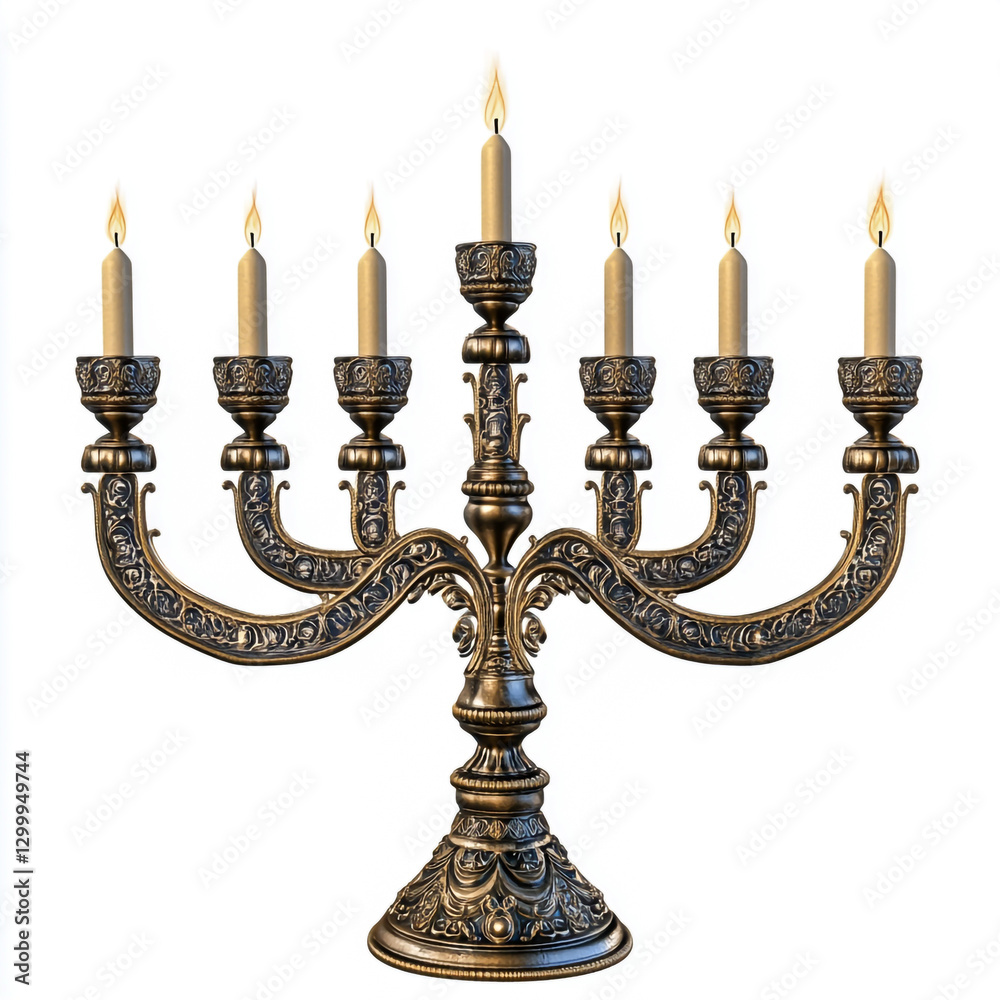 Fototapeta premium Three ornate menorahs with detailed traditional candle holders on transparent background
