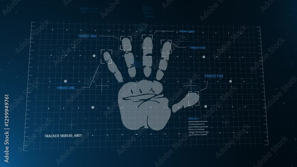 hand biometric HUD display animation, futuristic hand hologram screening, hand and finger print scanner HUD interface.