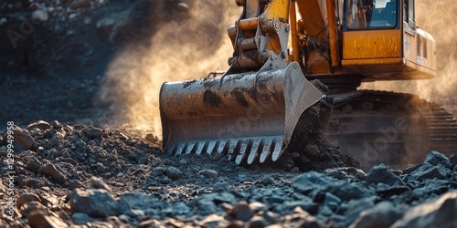 Excavator moving earth and rocks at construction site during sunset
