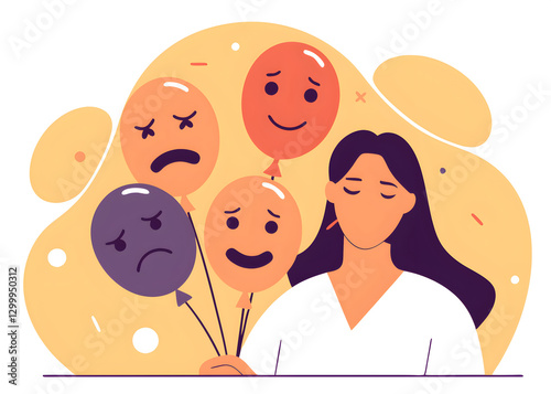 emotional control and self regulation stressed management or mental health awareness feeling and expression concept calm woman holding balloons with emotion or expression faces happy sad or fear. photo