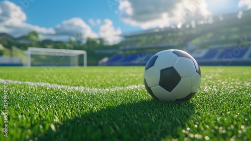 Soccer ball on field, stadium background, sunny day, game prep