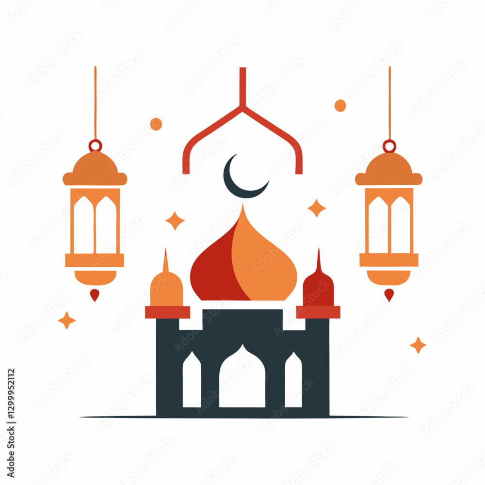 Elegant Mosque Illustration for Eid with Hanging Lanterns. Elegant Mosque Illustration for Eid with Hanging Lanterns.