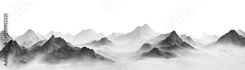 Majestic mountain range with mist covered peaks on white background, Chinese style
