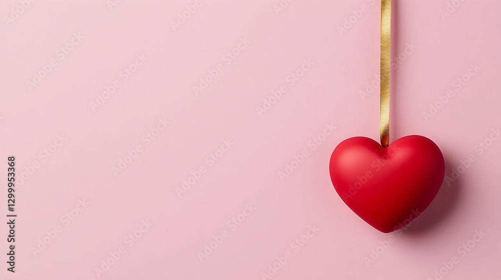 Red Heart Ornament Hanging On Golden Ribbon Against Pink Background Red Heart Ornament Hanging On Golden Ribbon Against Pink Background