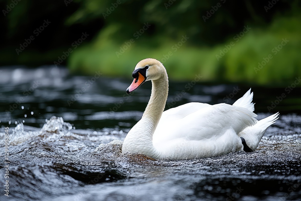 Fototapeta premium A graceful swan gliding through a serene river, surrounded by lush greenery and gentle ripples