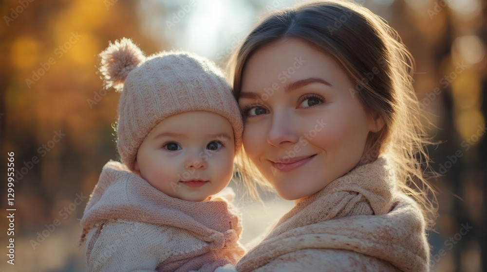 Obraz premium Mother holding her baby in a forest during a beautiful sunny autumn day