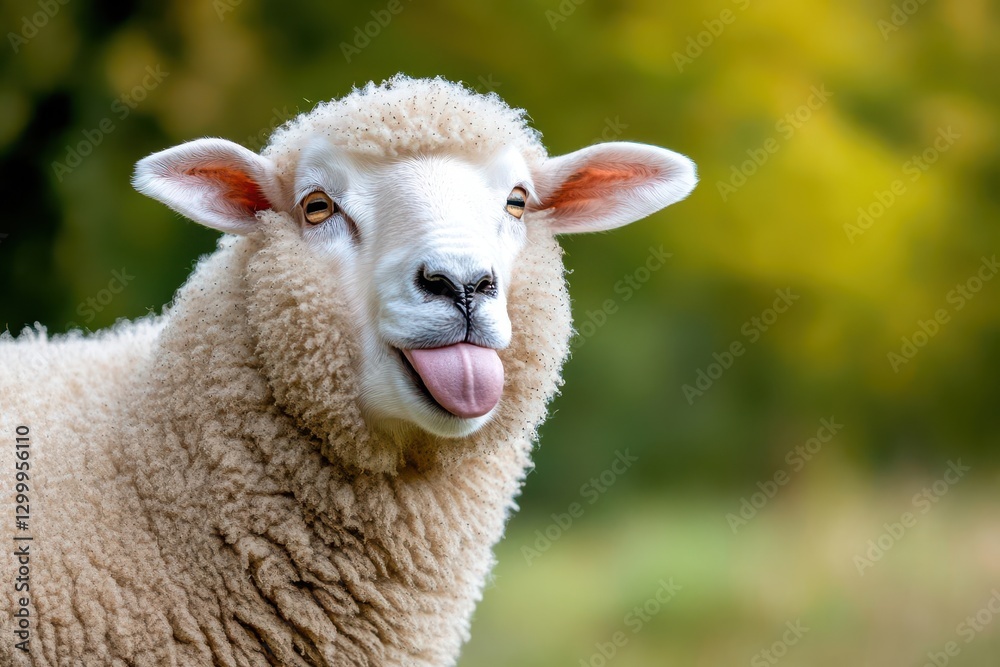 Closeup of a Playful Sheep with Tongue Out in a Green Field Closeup of a Playful Sheep with Tongue Out in a Green Field