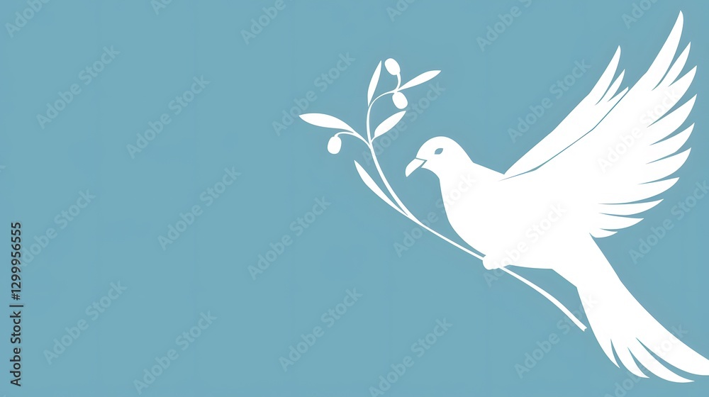 White Dove with Olive Branch on Soft Blue Background, Simple and Elegant Design White Dove with Olive Branch on Soft Blue Background, Simple and Elegant Design