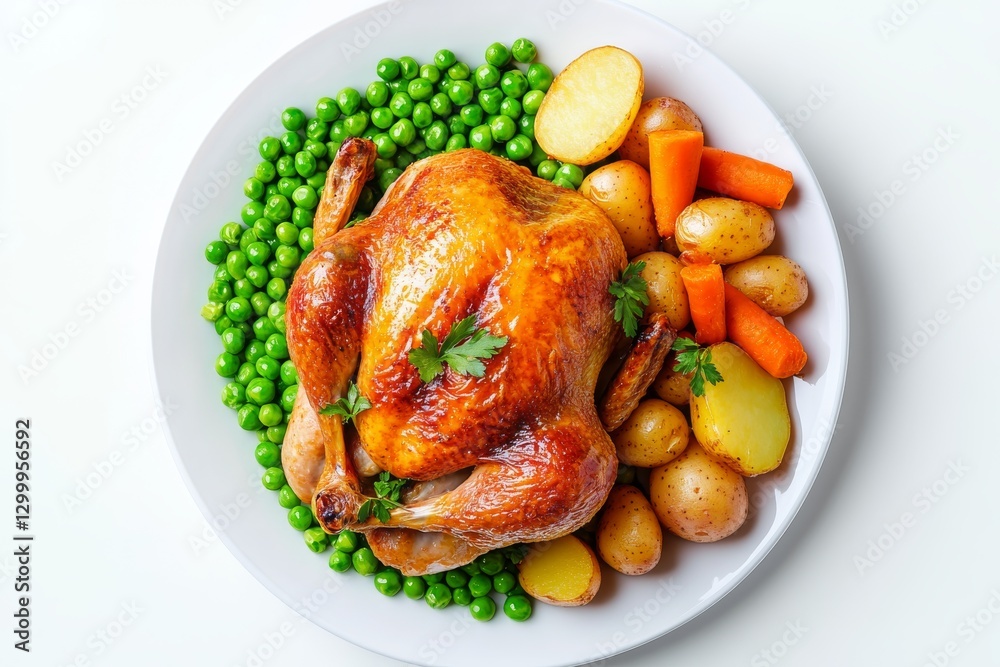 Baked chicken with potatoes, carrots, and green peas on a plate. Baked chicken with potatoes, carrots, and green peas on a plate.