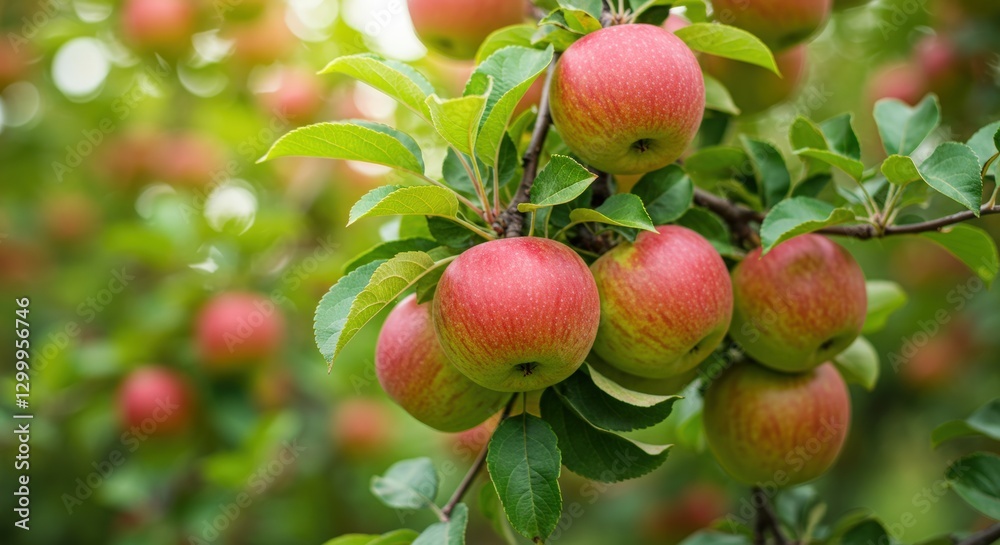 Juicy ripe apples on green leafy branches during harvest season Juicy ripe apples on green leafy branches during harvest season