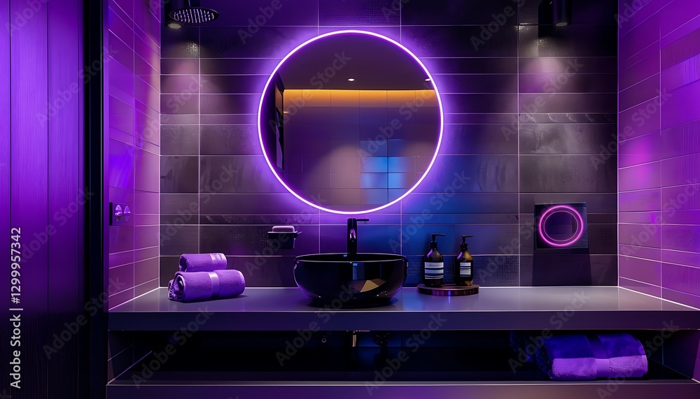 Bathroom with purple and black colors, neon lights, round mirror, modern mimalist design, high resolution,