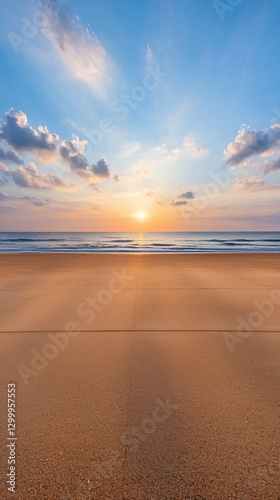 Tranquil Beach Sunset: Golden Sand and Azure Sky
