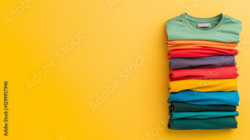 stack of colorful t-shirts on vibrant yellow background