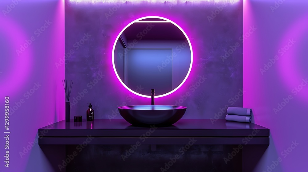 Bathroom with purple and black colors, neon lights, round mirror, modern mimalist design, high resolution,