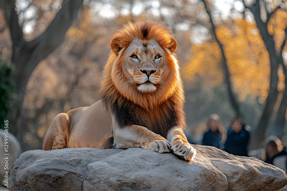 Obraz premium Majestic lion resting on a rock, enjoying the afternoon sun