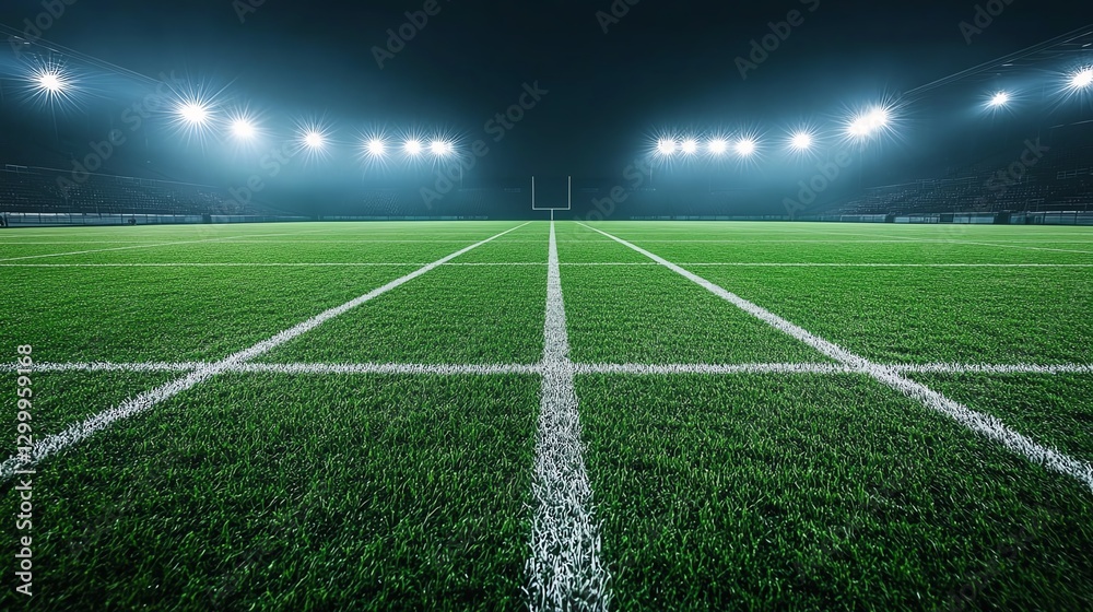 Obraz premium Wideangle view of an empty football field under bright lights, perfectly manicured grass, clean white lines, ultrarealistic, highquality resolution