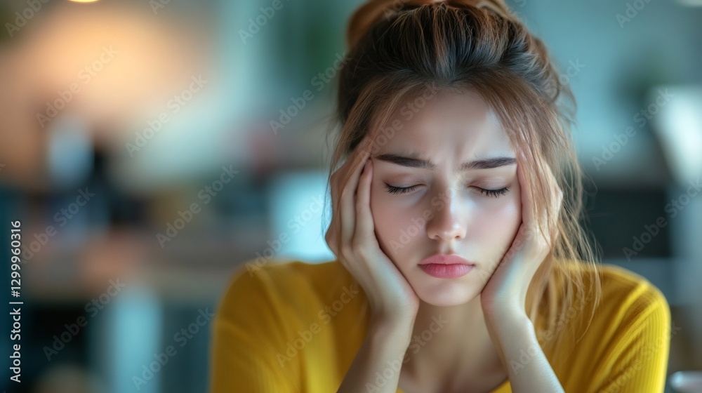 Fototapeta premium Young woman suffering from headache, touching temples with closed eyes