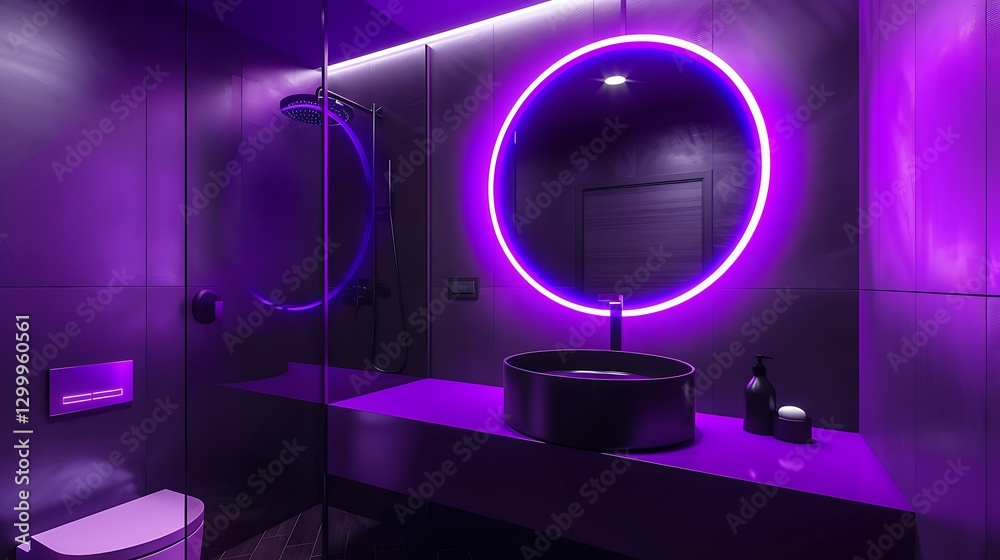 Bathroom with purple and black colors, neon lights, round mirror, modern mimalist design, high resolution,