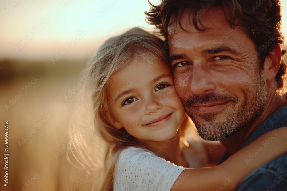 Fototapeta premium Father and daughter are hugging in a wheat field at sunset