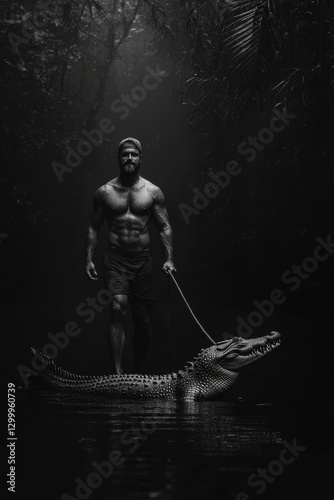 A man with a tame crocodile in the jungle.