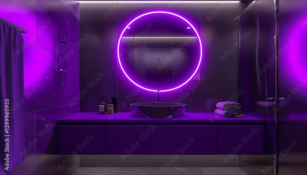 Bathroom with purple and black colors, neon lights, round mirror, modern mimalist design, high resolution,