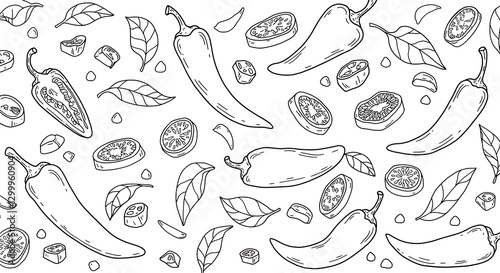 Spicy Chili Peppers Seamless Pattern: A Culinary Delight of Hand-Drawn Illustrations
