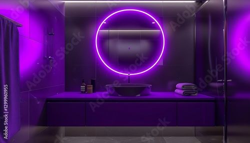 Obraz na płótnie Bathroom with purple and black colors, neon lights, round mirror, modern mimalist design, high resolution, w salonie