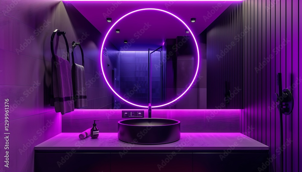 Bathroom with purple and black colors, neon lights, round mirror, modern mimalist design, high resolution,
