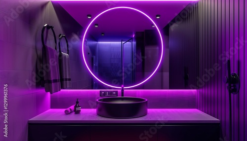 Obraz na płótnie Bathroom with purple and black colors, neon lights, round mirror, modern mimalist design, high resolution, w salonie