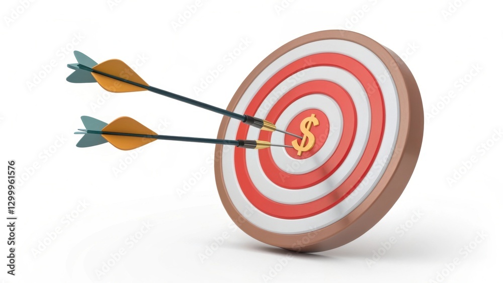 A bullseye target with a dollar sign at its center, featuring two arrows embedded in the target, symbolizing financial success and precision. A bullseye target with a dollar sign at its center, featuring two arrows embedded in the target, symbolizing financial success and precision.