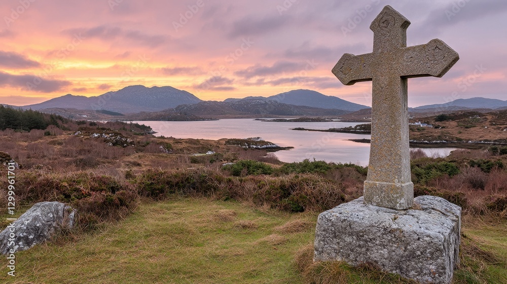 Serene Landscape at Sunset Featuring Ancient Stone Cross in Ireland Serene Landscape at Sunset Featuring Ancient Stone Cross in Ireland