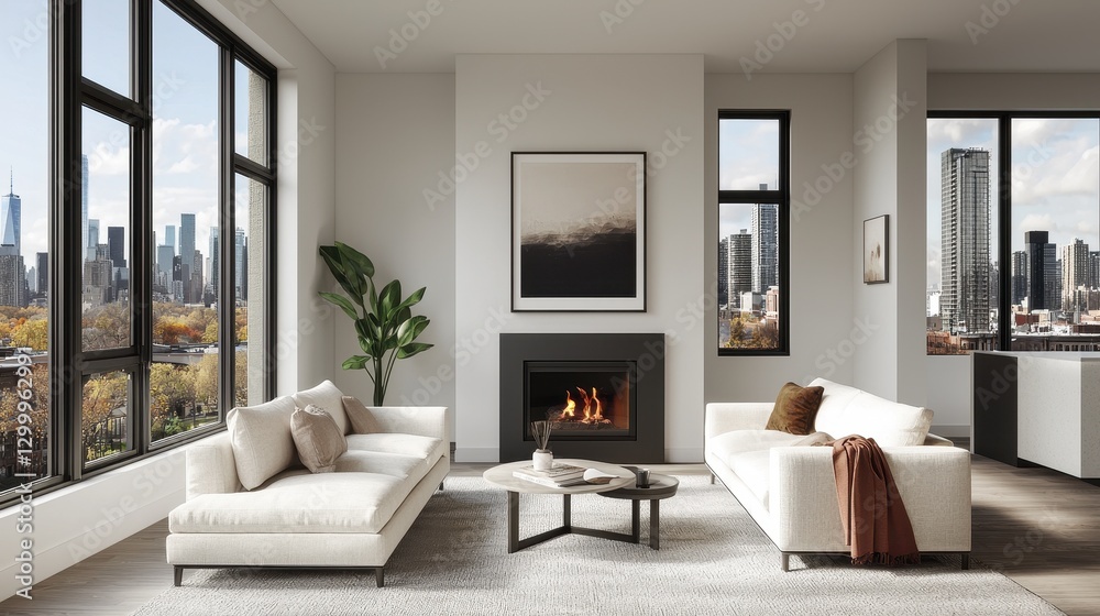 Fototapeta premium Modern Living Room Interior with Large Windows and City View