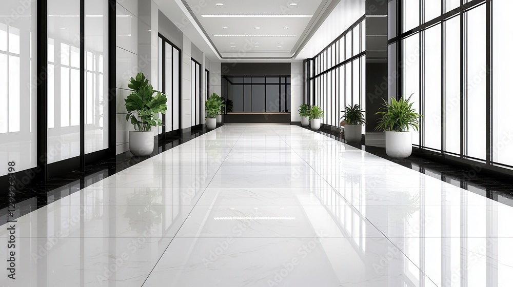 Modern Office Corridor with Large Windows and Green Plants Modern Office Corridor with Large Windows and Green Plants